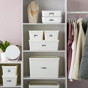 Closet Labels for Organizing Bins & Baskets - 224 Clear Vinyl Preprinted Script Labels (1"-1.5" Tall), Water Resistant - Drawer Tags for Storage, Wardrobes & Baskets