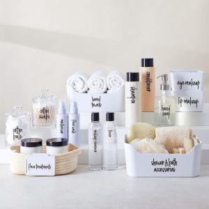 Bathroom Labels for Containers - Transparent Vinyl, Black Script, 192 Stickers - Labels for Jars & Makeup Storage Tags - Preprinted Waterproof Tags for Bathroom & Makeup Organization